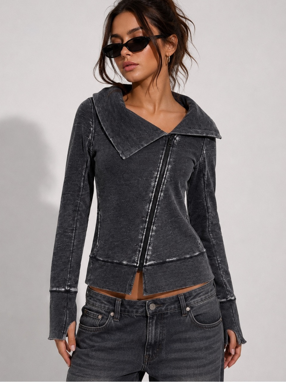 Women’s Grey Distressed Zip-up